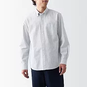 【MUJI 無印良品】男有機棉水洗牛津布扣領長袖襯衫 XS 深藍直紋