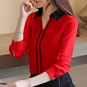 【MsMore】 襯衫長袖V領撞色上衣韓範套頭雪紡襯衫短版# 118670 M 紅色