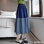 【MsMore】 拚色牛仔半裙復古藍色拼接高腰顯瘦A字傘長裙# 118781 L 深藍色