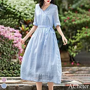 【ACheter】 棉麻連身裙中式純色海邊度假風木耳邊v領小個子長裙五分短袖洋裝# 118794 M 藍色