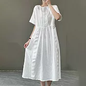 【ACheter】 棉麻感緹花蕾絲拼接圓領連身裙寬鬆休閒復古文藝短袖氣質長洋裝# 118800 M 白色