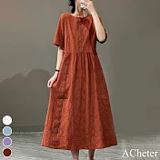 【ACheter】 棉麻感緹花蕾絲拼接圓領連身裙寬鬆休閒復古文藝短袖氣質長洋裝# 118800 M 橘紅色