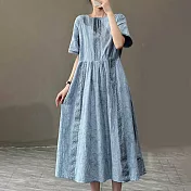 【ACheter】 棉麻感緹花蕾絲拼接圓領連身裙寬鬆休閒復古文藝短袖氣質長洋裝# 118800 M 天空藍色