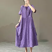 【ACheter】 棉麻感緹花蕾絲拼接圓領連身裙寬鬆休閒復古文藝短袖氣質長洋裝# 118800 M 紫色