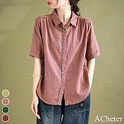 【ACheter】 原創文藝復古短袖雙層棉紗襯衫顯瘦單排扣純色短版上衣# 118801 M 粉紅色