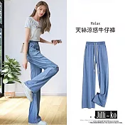 【Jilli~ko】鬆緊腰休閒天絲九分闊腿牛仔褲 J10891  FREE 藍色