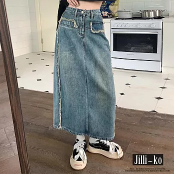 【Jilli~ko】高腰毛鬚邊拼接開衩設計感牛仔長裙 M-L J10897  M 藍色