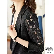 【初色】蕾絲緹花七分袖西裝外套-共3色-64016(M-2XL可選) XL 黑色