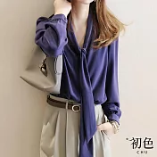 【初色】時尚垂感領巾寬鬆抗皺休閒襯衫上衣-紫色-64439(M-2XL可選) XL 紫色