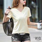 【初色】V領簡約純色壓線短袖T恤上衣-共6色-63030(M-2XL可選) M 淡黃色