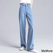 【MsMore】 牛仔褲直筒寬鬆天絲感高腰垂感闊腿褲舒適顯瘦拖地長褲# 118897 M 藍色