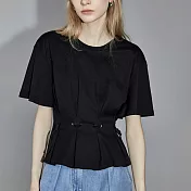 【MsMore】 短袖圓領短款寬鬆顯瘦設計感上衣# 118955 M 黑色