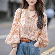 【MsMore】 愛樂之城時尚絲質長袖襯襯衫顯瘦碎花寬鬆短版上衣# 118967 XL 橘色