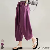 【ACheter】 休閒褲原創純色直筒棉麻感簡約時尚拼接鬆緊高腰哈倫九分長褲# 119010 2XL 紫色