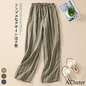 【ACheter】 高端棉麻感條紋休閒鬆緊高腰直筒闊腿褲百搭寬鬆長褲# 119011 2XL 綠色