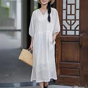 【ACheter】 棉麻感短袖連身裙刺繡寬鬆高腰垂感棉麻中長版洋裝# 119012 2XL 白色