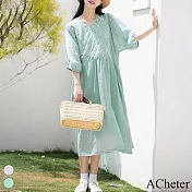 【ACheter】 棉麻感短袖連身裙刺繡寬鬆高腰垂感棉麻中長版洋裝# 119012 2XL 藍色