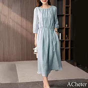 【ACheter】 棉麻連身裙修身七分袖收腰顯瘦復古文藝長版洋裝# 119015 2XL 水藍色