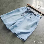 【ACheter】 萊賽爾蝴蝶結天絲質感鬆緊高腰闊腿牛仔短褲# 119031 2XL 藍色