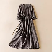 【ACheter】 苧麻感連身裙七分袖圓領休閒寬鬆版長版洋裝# 119035 L 灰色