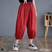 【ACheter】 休閒七分褲寬鬆復古時尚哈倫褲鬆緊腰頭# 119005 M 紅色