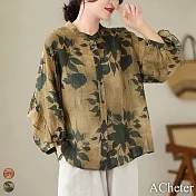 【ACheter】 復古苧麻感襯衫寬鬆百搭長袖休閒薄款印花短版上衣# 119033 L 綠色
