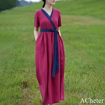 【ACheter】 民族風棉麻連身裙短袖文藝復古V領寬鬆顯瘦長裙洋裝# 119056 L 酒紅色