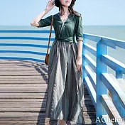 【ACheter】 漢服改良連身裙復古文藝棉麻短袖減齡氣質顯瘦長裙洋裝# 119059 L 綠色