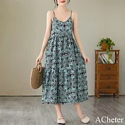 【ACheter】 法式減齡寬鬆大碼度假風花色V領吊帶長裙洋裝# 119060 L 藍色