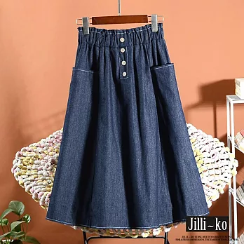 【Jilli~ko】鬆緊高腰鈕扣造型口袋A字裙 J10887  FREE 深藍色