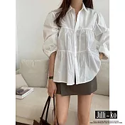 【Jilli~ko】韓版層次拼接抓皺燈籠袖寬鬆襯衫 J10926  FREE 白色