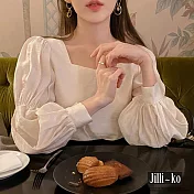 【Jilli~ko】韓國CHIC風抓褶泡泡袖方領氣質上衣 J10927  FREE 杏色