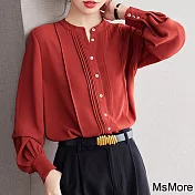 【MsMore】 磚紅色雪紡垂感襯衫寬鬆長袖純色百搭短版上衣# 118706 L 磚紅色