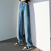 【MsMore】 高腰闊腿牛仔褲時尚顯瘦寬鬆垂感拖地直筒長褲# 118814 L 牛仔藍色