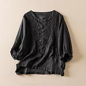 【ACheter】 復古文藝寬鬆純色刺繡上衣時尚圓領七分袖短版上衣# 119063 M 黑色
