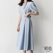 【初色】圓領素色收腰短袖中長裙洋裝-共3色-68693(M-XL可選) M 藍色