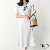 【初色】圓領素色收腰短袖中長裙洋裝-共3色-68693(M-XL可選) M 白色