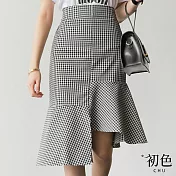 【初色】不對稱高腰格子魚尾半身中長裙長裙-黑色-68696(M-XL可選) M 黑色