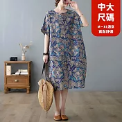 【慢。生活】滿版印花寬鬆中長款棉麻連衣裙 61848  FREE 藍色