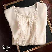 【初色】寬鬆雪紡衫荷葉邊皺褶開襟領珍珠扣短袖上衣-共2色-68899(M-2XL可選) XL 米色