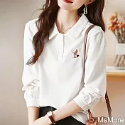 【MsMore】 黃鶴樓系列國風刺繡設計翻領短版白色長袖上衣# 118756 XL 白色