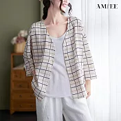 【AMIEE】輕薄格紋排扣V領西裝外套(格子/M-XL/KDCQ-8505) L 格紋