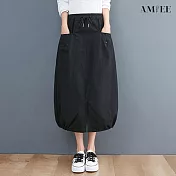 【AMIEE】鬆緊綁帶多口袋直筒長裙(2色/M-2XL/KDSQ-8229) M 黑色