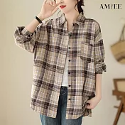【AMIEE】時髦蘇格蘭格紋寬鬆襯衫(2色/M-2XL/KDTQ-8346) XL 咖格