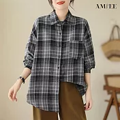 【AMIEE】時髦蘇格蘭格紋寬鬆襯衫(2色/M-2XL/KDTQ-8346) XL 灰格