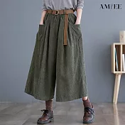 【AMIEE】立體剪裁腰帶燈芯絨七分寬褲(3色/M-2XL/KDPQ-8281) XL 綠色