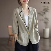 【AMIEE】輕盈棉麻七分袖西裝外套(5色/M-XL/KDCQ-1350) L 米灰