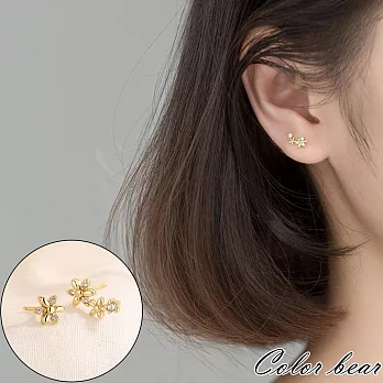 【卡樂熊】S925銀針鑲鑽不對稱花朵造型耳環飾品- 金色