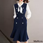 【MsMore】 高端場合系帶假2件顯瘦連身裙長袖拼色中長版洋裝# 118717 M 藍色