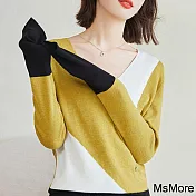 【MsMore】 黃色不規則時髦撞色拼接V領卸扣長袖細針織衫修身短版上衣# 118718 FREE 黃色